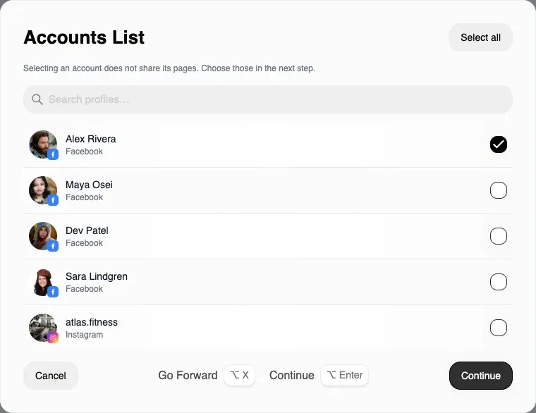 Step one of the access picker, the accounts list, with the note that selecting an account does not share its pages