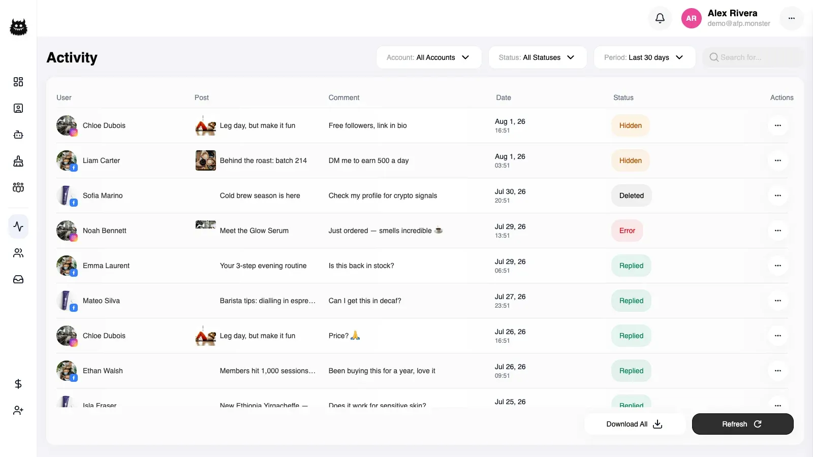 The comment activity feed, listing comments on connected pages with the reply, hide, delete, and block actions on each row