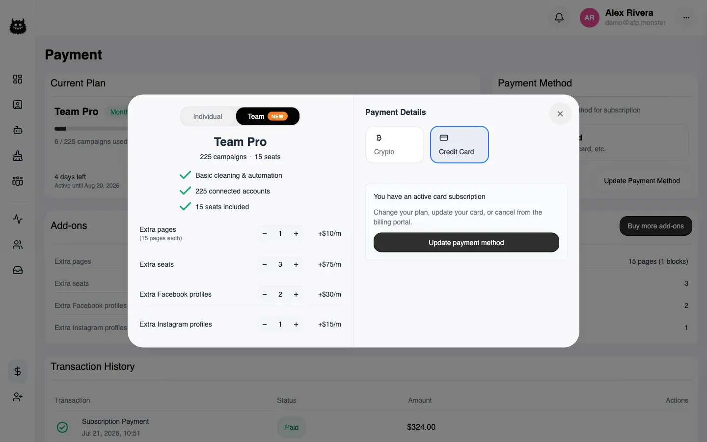 The add-on steppers showing extra pages, seats, Facebook profiles, and Instagram profiles with the monthly cost each adds