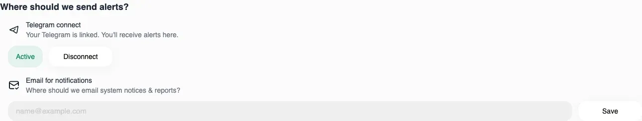 The alert destinations in Settings, with Telegram showing as active alongside the notification email address
