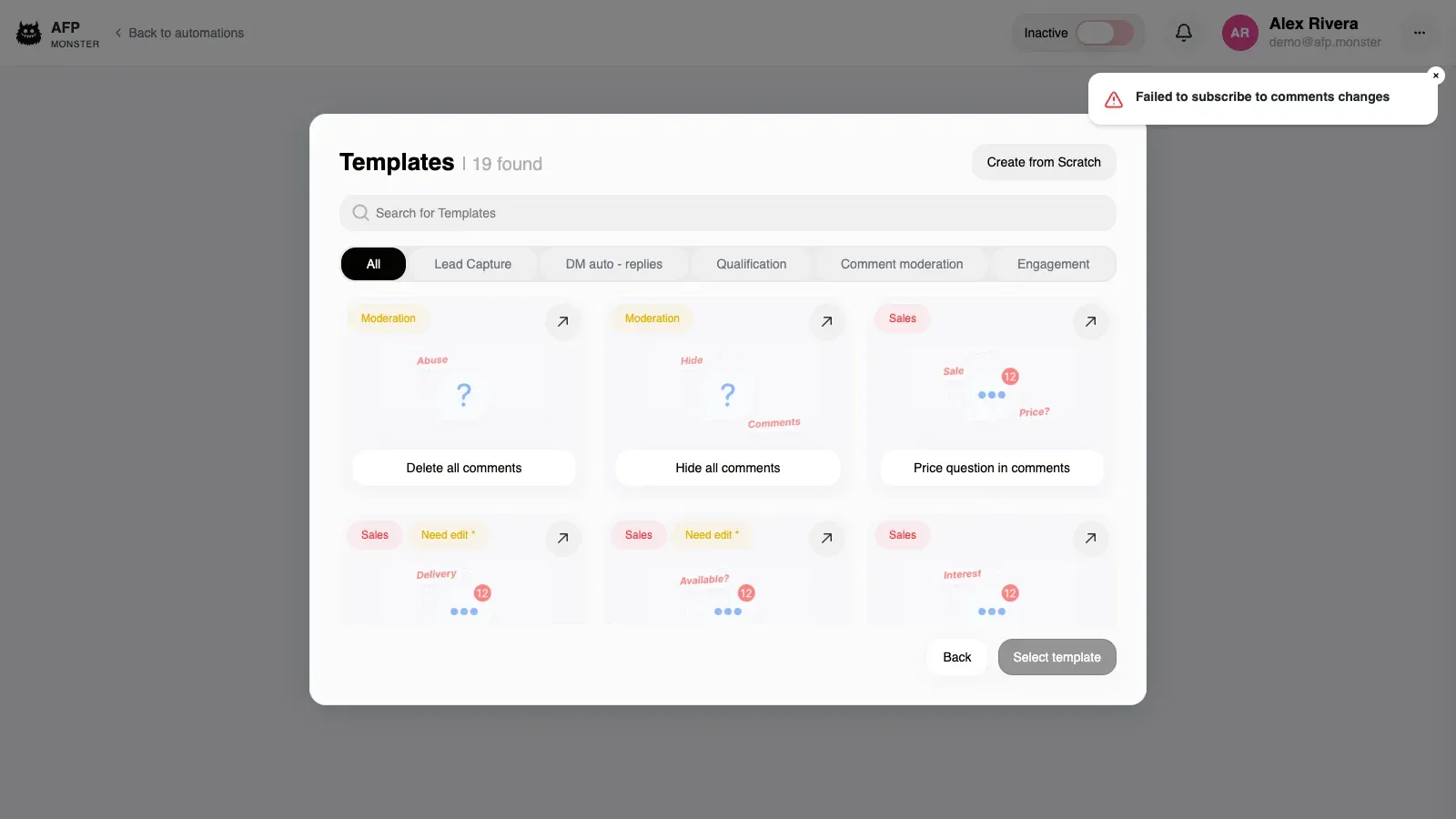 The campaign canvas: the node palette on the left, the page selector and save and activate controls in the header, the graph in the middle, and a node's settings panel on the right