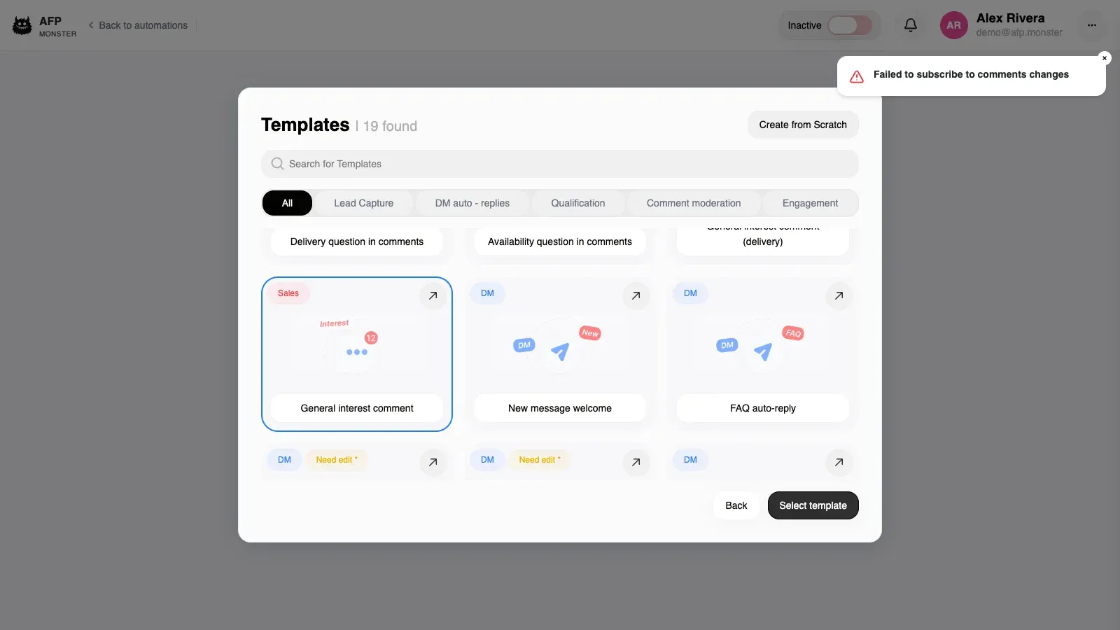 The campaign canvas with three connected nodes: a comment trigger, a condition matching a keyword, and a send DM action