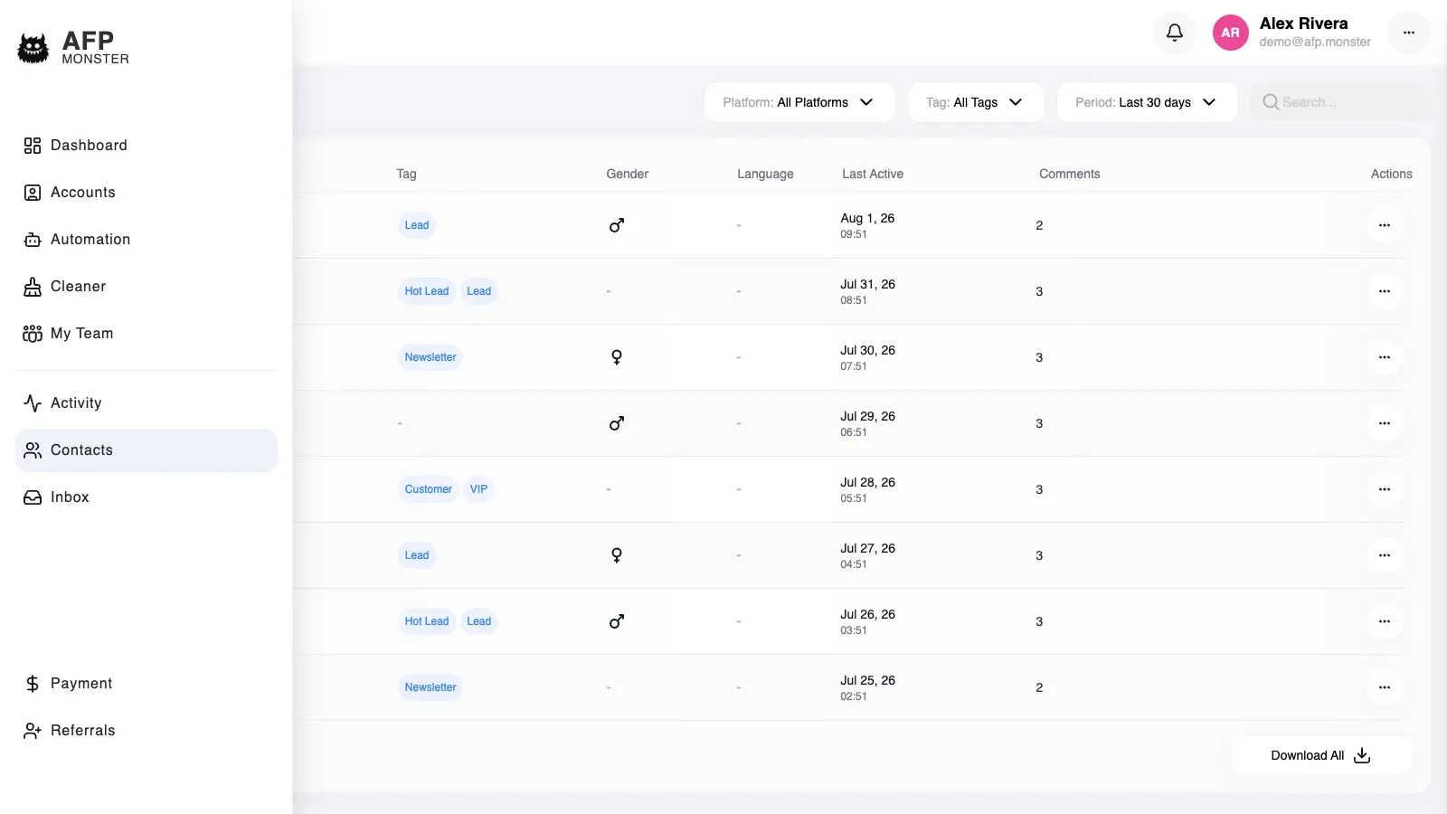 The contact directory: a filterable list of contacts with the page each one came from and the tags attached to them