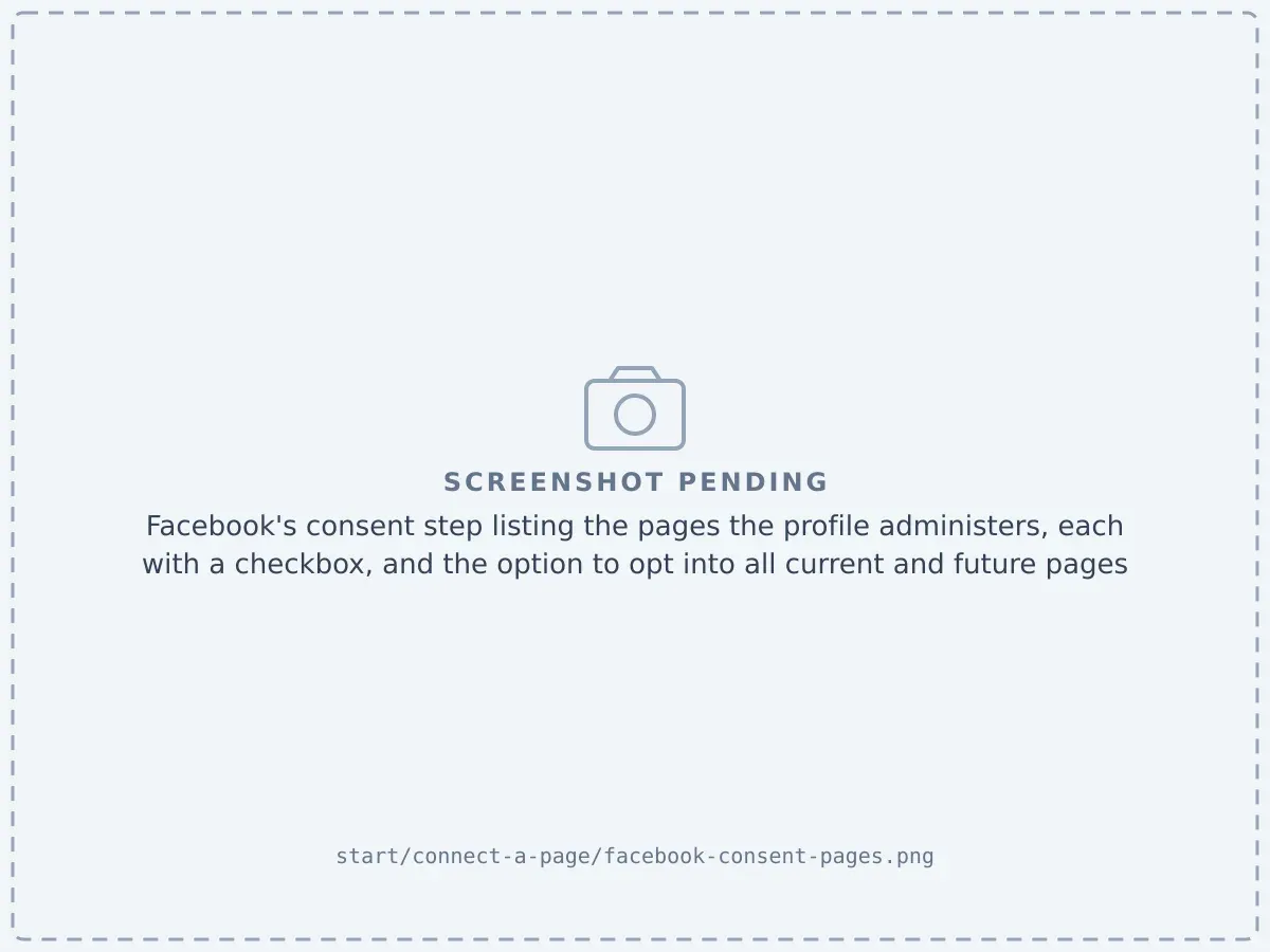 Facebook's consent step listing the pages the profile administers, each with a checkbox, and the option to opt into all current and future pages
