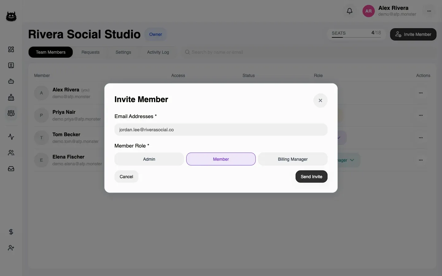 The Invite Member dialog with an email address filled in and the Member role selected out of Admin, Member, and Billing Manager