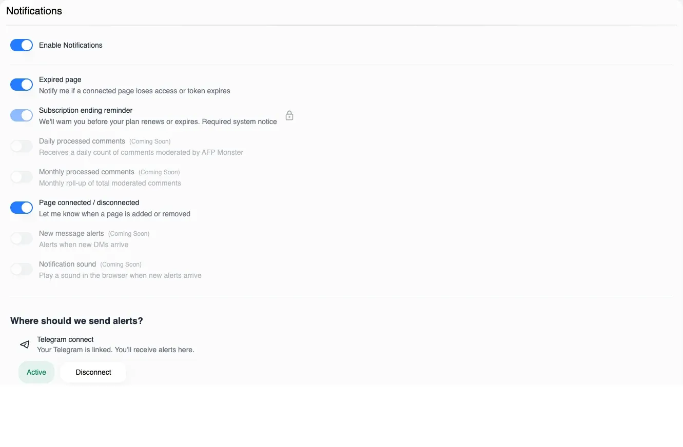 The notification settings in Settings, with the master switch and the per-event toggles