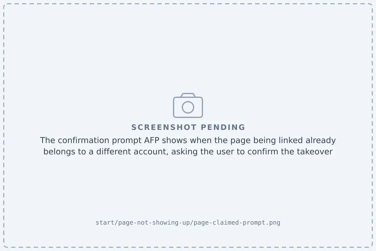 The confirmation prompt AFP shows when the page being linked already belongs to a different account, asking the user to confirm the takeover