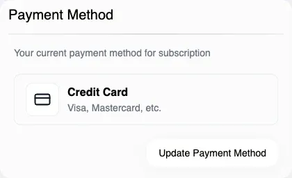 The payment method panel on the payment page, showing Credit Card and the control that opens the billing portal