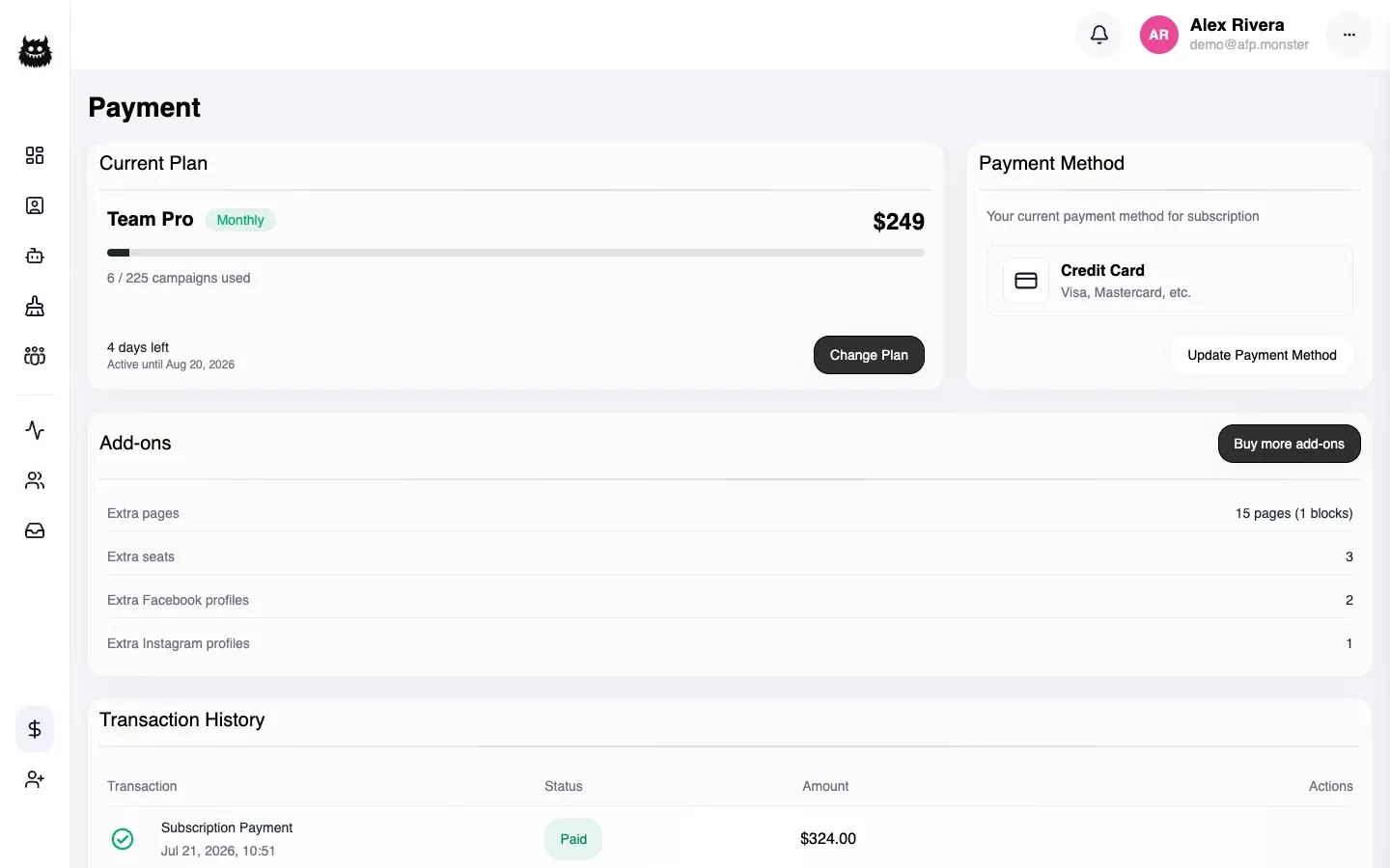 The payment page showing the current plan, the payment method set to Credit Card, and the add-ons in force