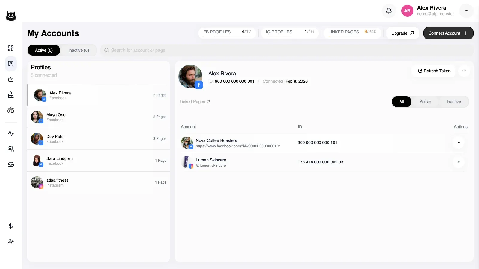 Accounts with two Facebook profile groups: one page marked active, one marked expired, and one marked disconnected