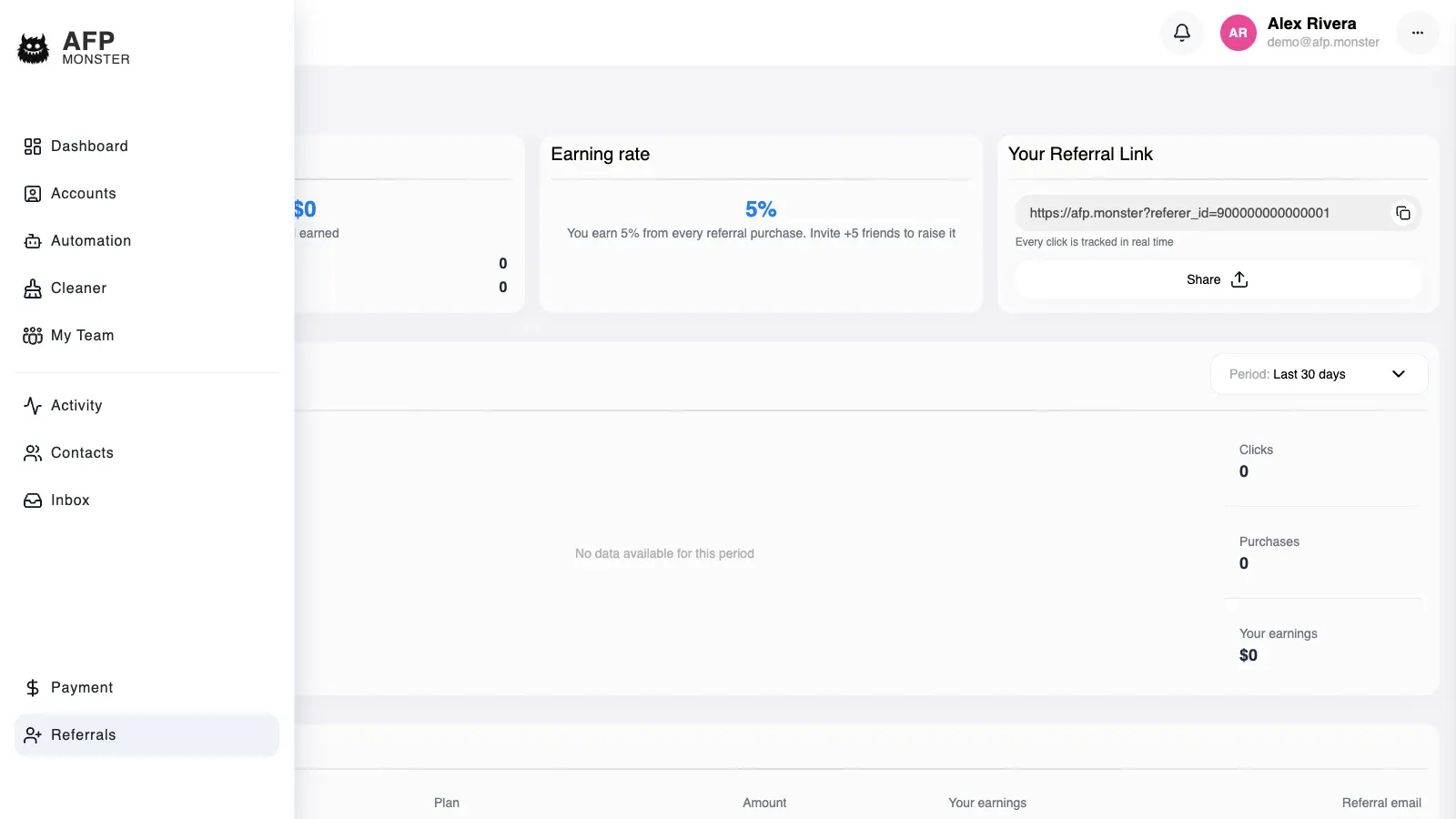 The referrals view showing the account's referral link with its click, referred-account, and earnings totals