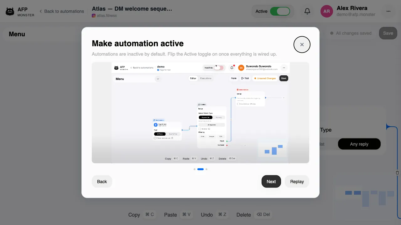 The campaign canvas header showing the selected page, the save control, and the separate active toggle switched on