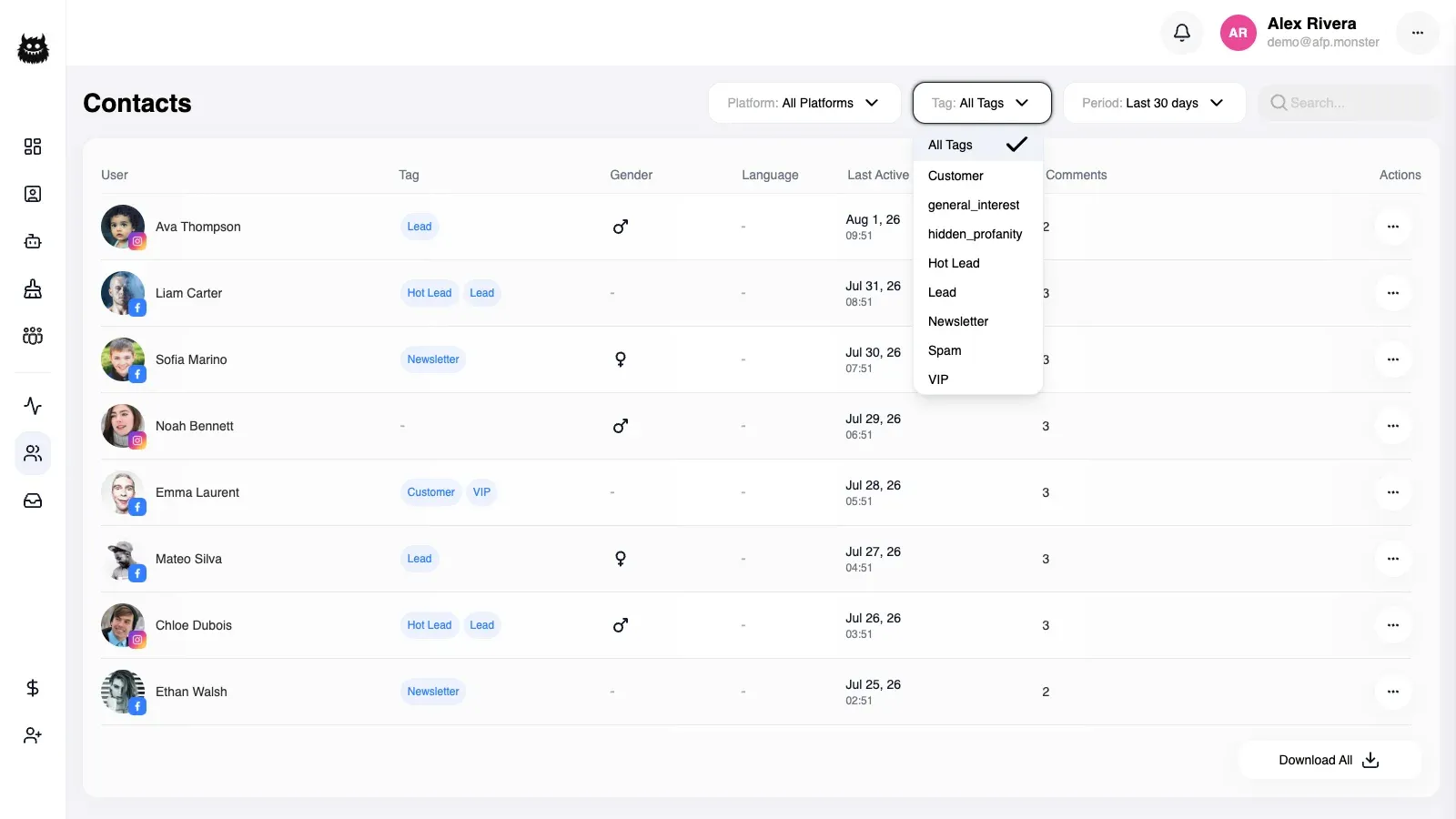 The tag list, showing several tags and the controls to create and rename one