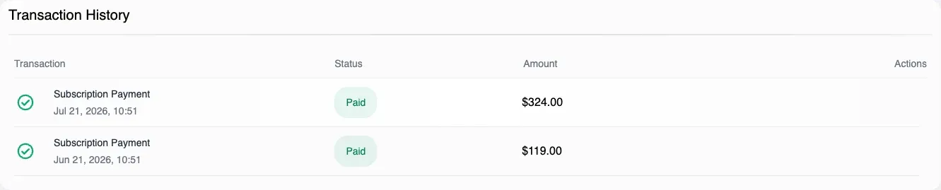 The transaction history table listing subscription payments with their status and amount