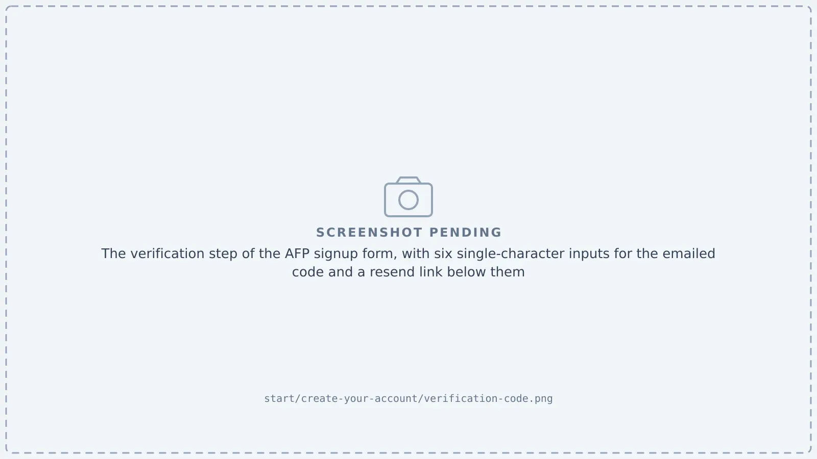 The verification step of the AFP signup form, with six single-character inputs for the emailed code and a resend link below them